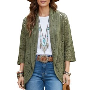 Jana Olive Green Knit 3/4 Sleeve Waterfall Front Cottagecore Cardigan Medium